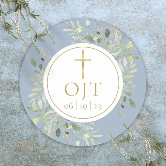 Sticker Rond Monogramme Gold Cross Initiales Verdure Dusty Blue