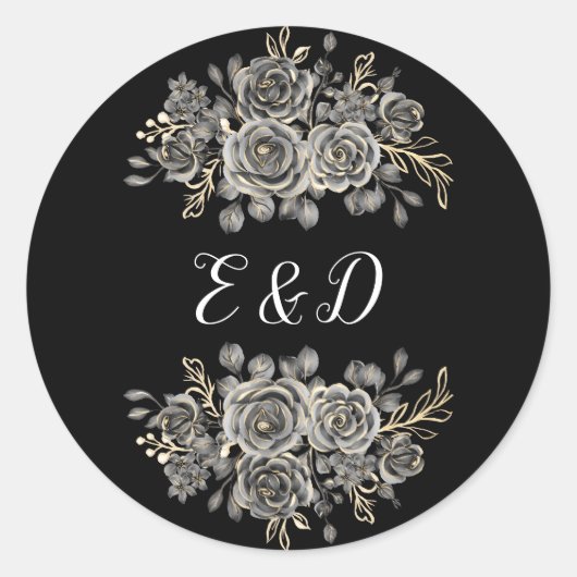 Sticker Rond Monogramme Gothique Floral Rose Noir Et Blanc (Devant)
