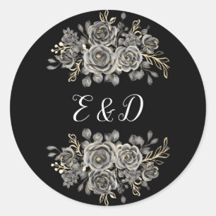 Sticker Rond Monogramme Gothique Floral Rose Noir Et Blanc
