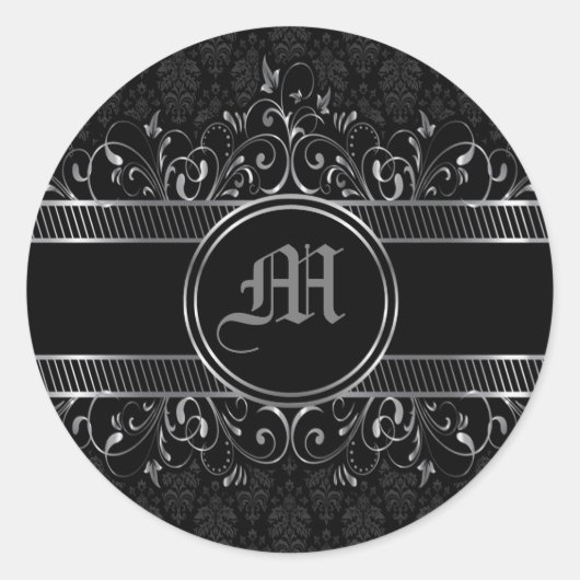 Sticker Rond Monogramme gothique orné noir et argent (Devant)