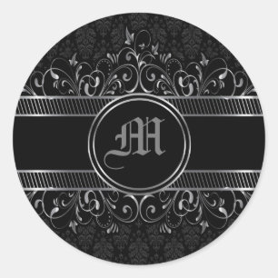 Sticker Rond Monogramme gothique orné noir et argent