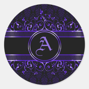Sticker Rond Monogramme gothique orné noir et pourpre
