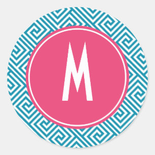 Sticker Rond Monogramme grec de motif principal d'Aqua et de