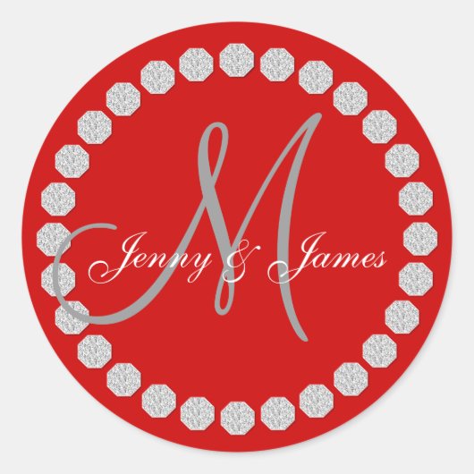 Sticker Rond Monogramme gris rouge Noms Mariage Faveur Étiquett (Devant)