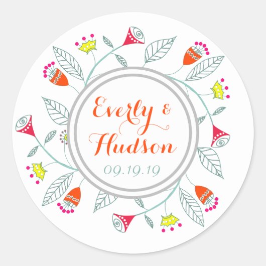 Sticker Rond Monogramme Gris Rouge Turquoise Jaune rose moderne (Devant)