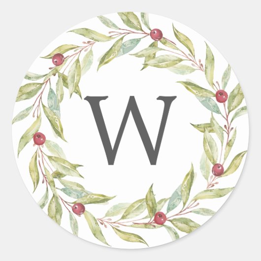 Sticker Rond Monogramme Hiver Verdure Feuilles Berries Noël (Devant)