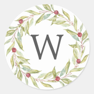 Sticker Rond Monogramme Hiver Verdure Feuilles Berries Noël