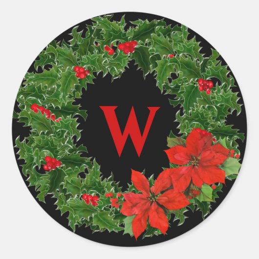 Sticker Rond Monogramme Holly Wreath Noël en noir (Devant)