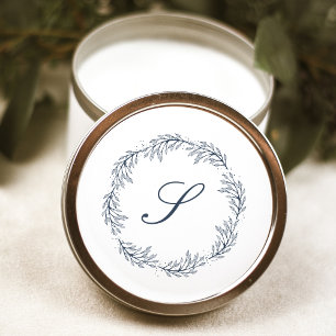Sticker Rond Monogramme Indigo Blue Wreath Classic Script Maria