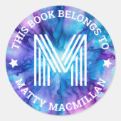 Sticker Rond Monogramme initial bleu violet enfants réserver ét (Devant)