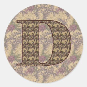 Sticker Rond Monogramme Initial D Élégant Floral Vintage