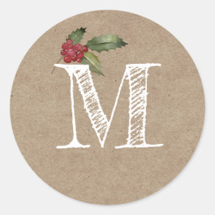 Sticker Rond Monogramme Initial de Noël en Kraft Rustique