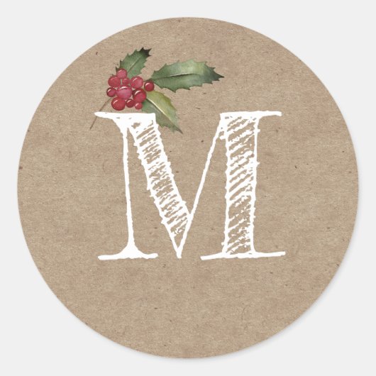 Sticker Rond Monogramme Initial de Noël en Kraft Rustique (Devant)