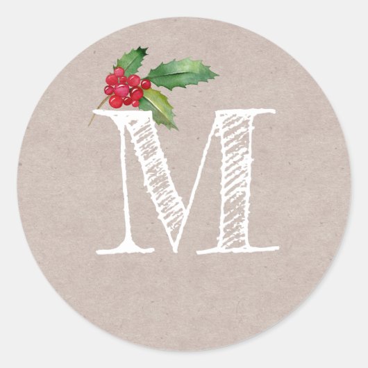 Sticker Rond Monogramme Initial de Noël en Kraft Rustique (Devant)