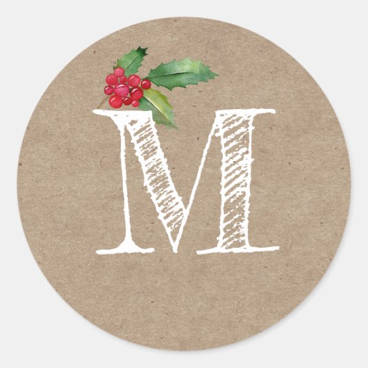 Sticker Rond Monogramme Initial de Noël Rustique Kraft en Houx (Devant)