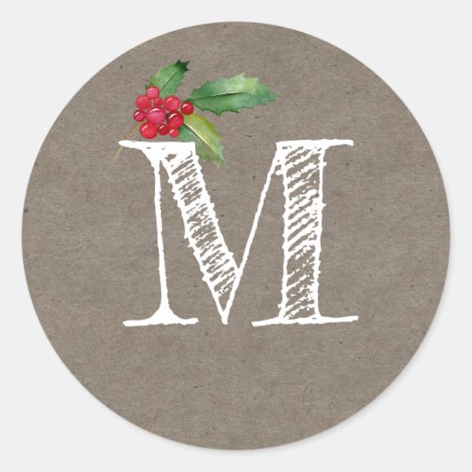 Sticker Rond Monogramme Initial de Noël Rustique Kraft en Houx (Devant)