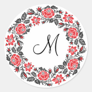 Sticker Rond Monogramme initial des roses rouges à point croisé