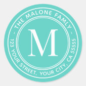 Sticker Rond Monogramme initial élégant aqua bleu adresse de re (Devant)