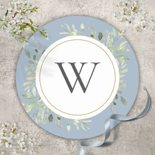 Sticker Rond Monogramme Initial Élégant Vert Poussiéreux Bleu