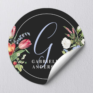 Sticker Rond Monogramme Initial Floral Fleurs Sauvages Noir Chi