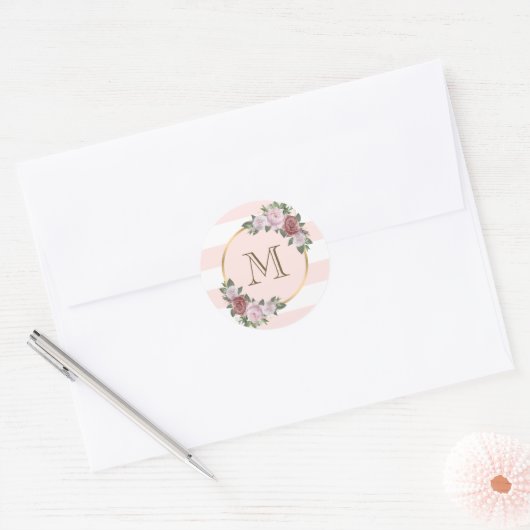 Sticker Rond Monogramme Initial Floral Rose Gold (Enveloppe)
