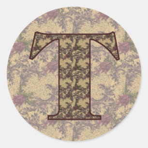 Sticker Rond Monogramme Initiale T Élégant Floral Vintage