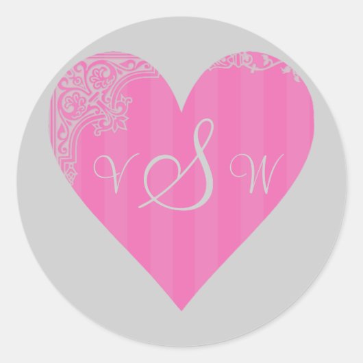 Sticker Rond Monogramme/Initiales - Coeur victorien rose et gri (Devant)
