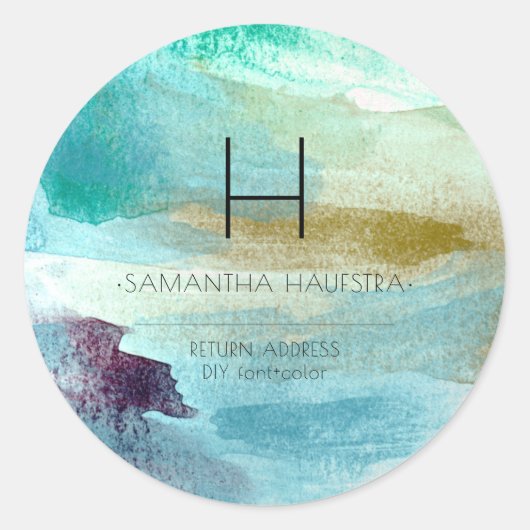 Sticker Rond Monogramme Iridescente Aqua Bleu Aquarelle Brossée (Devant)