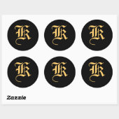 Sticker Rond Monogramme "K" or couleur sur noir (Feuille)