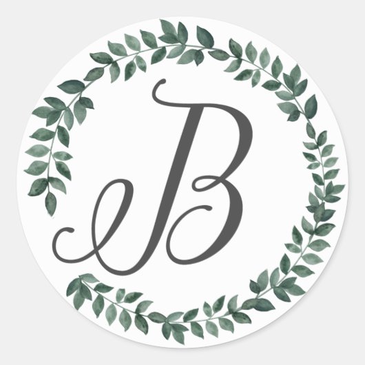Sticker Rond Monogramme Lettre B Couronne de Feuilles Botanique (Devant)
