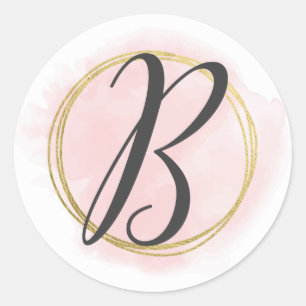 Sticker Rond Monogramme Lettre B Rose Pâle Aquarelle Or Chic
