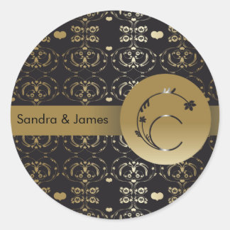STICKER ROND MONOGRAMME LETTRE C FLEUR DE DAMAS OR NOIR