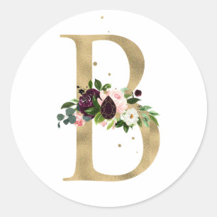 Sticker Rond Monogramme lettre dorée fleurs bohème bordeaux