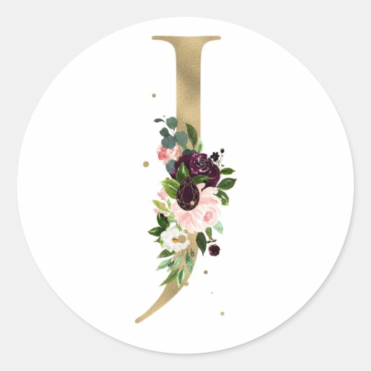 Sticker Rond Monogramme lettre dorée fleurs boho bordeaux  (Devant)