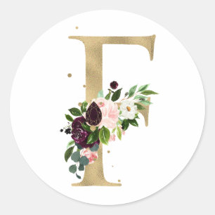 Sticker Rond Monogramme lettre dorée fleurs boho bordeaux