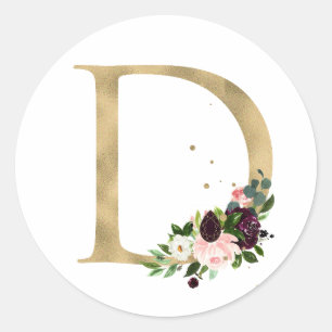 Sticker Rond Monogramme lettre dorée fleurs boho bordeaux Cla