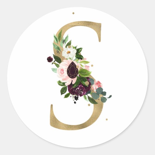 Sticker Rond Monogramme lettre dorée fleurs boho bordeaux Cla (Devant)