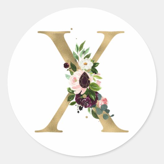 Sticker Rond Monogramme lettre dorée fleurs boho bordeaux Cla (Devant)