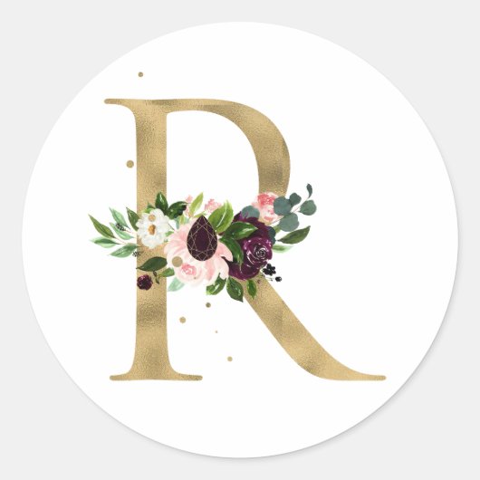 Sticker Rond Monogramme lettre dorée fleurs boho bordeaux Cla (Devant)