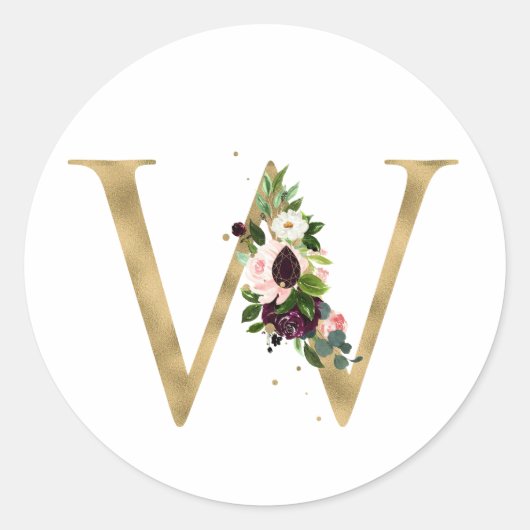 Sticker Rond Monogramme lettre dorée fleurs bordeaux boho Cla (Devant)