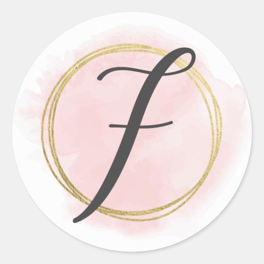 Sticker Rond Monogramme lettre F rose blush aquarelle or chic (Devant)