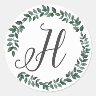 Sticker Rond Monogramme Lettre H Couronne de Feuilles Botanique