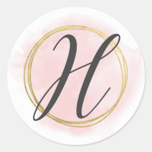 Sticker Rond Monogramme lettre H rose blush aquarelle or chic