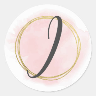 Sticker Rond Monogramme Lettre I Rose Pâle Aquarelle Or Chic