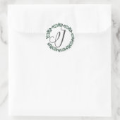 Sticker Rond Monogramme lettre J Couronne de feuilles botanique (Sac)