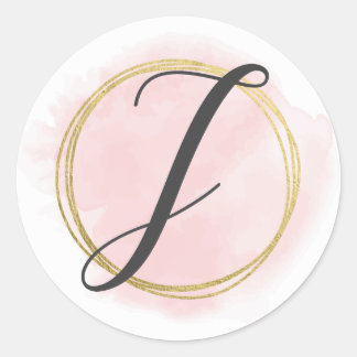 Sticker Rond Monogramme lettre J rose poudré aquarelle or chic