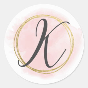 Sticker Rond Monogramme lettre K rose poudré aquarelle or chic