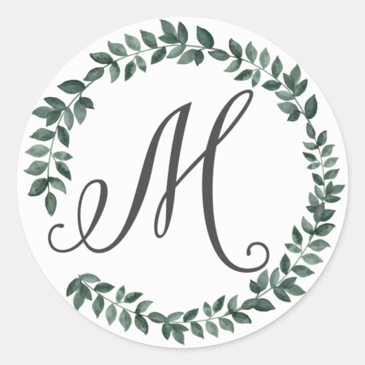 Sticker Rond Monogramme Lettre M Couronne de Feuilles Botanique (Devant)