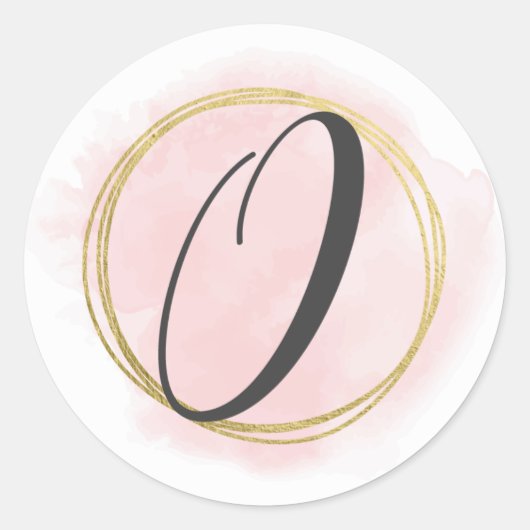 Sticker Rond Monogramme lettre O rose blush aquarelle doré chic (Devant)