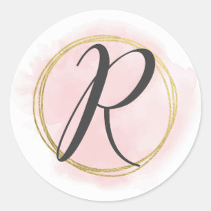 Sticker Rond Monogramme Lettre R Rose Pâle Aquarelle Or Chic